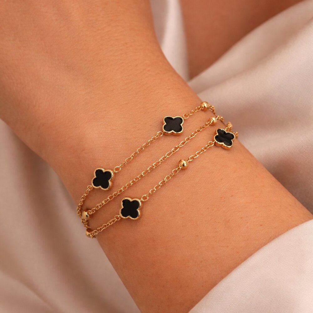 18K Gold Plated Black Clover Charm Bracelet |Waterproof Stainless Steel | Adjust